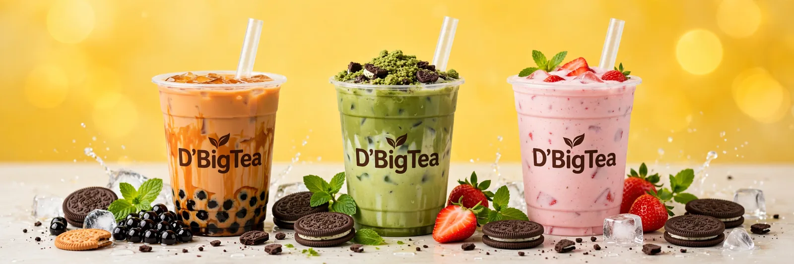 Tiga varian minuman D'BigTea: matcha oreo, brown sugar boba, dan strawberry