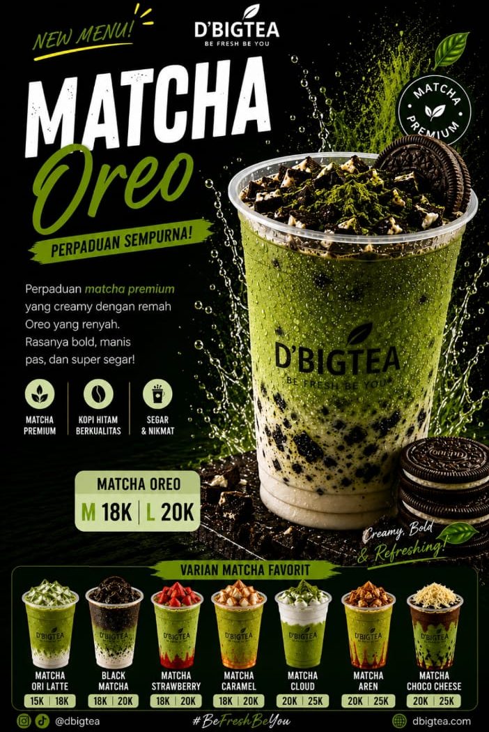 Poster menu baru Matcha Oreo D'BigTea — Medium 18K, Large 20K